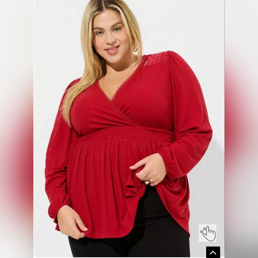 Torrid red Jersey V-Neck Lace Surplice Long Sleeve Babydoll top 3x nwt